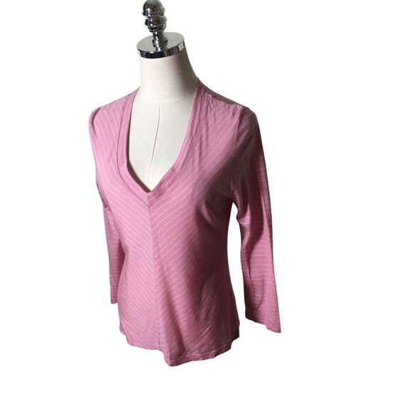 Club Monaco Top Women's Size Large Pink Stripes Long Sleeve V-Neck Tencel - Picture 2 of 5